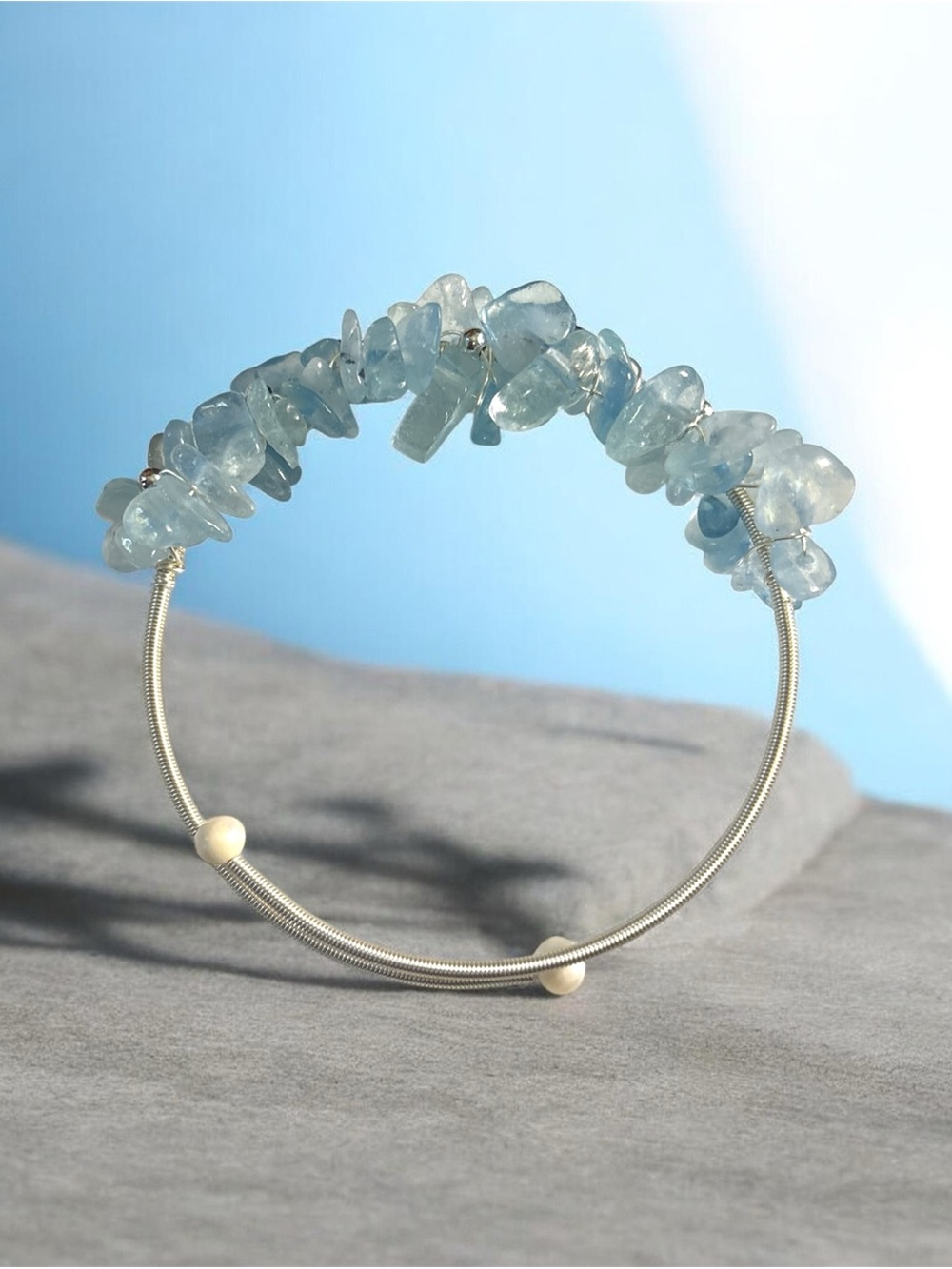 Handcrafted Aquamarine Chip Wire Bangle Bracelet - Light Blue